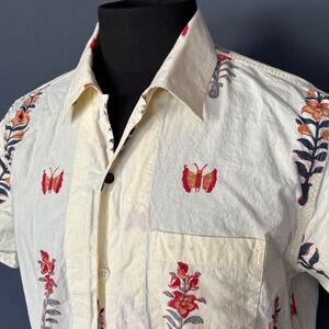 Kardo Block Print Shirt | Size S | Cream Floral Butterfly Cotton